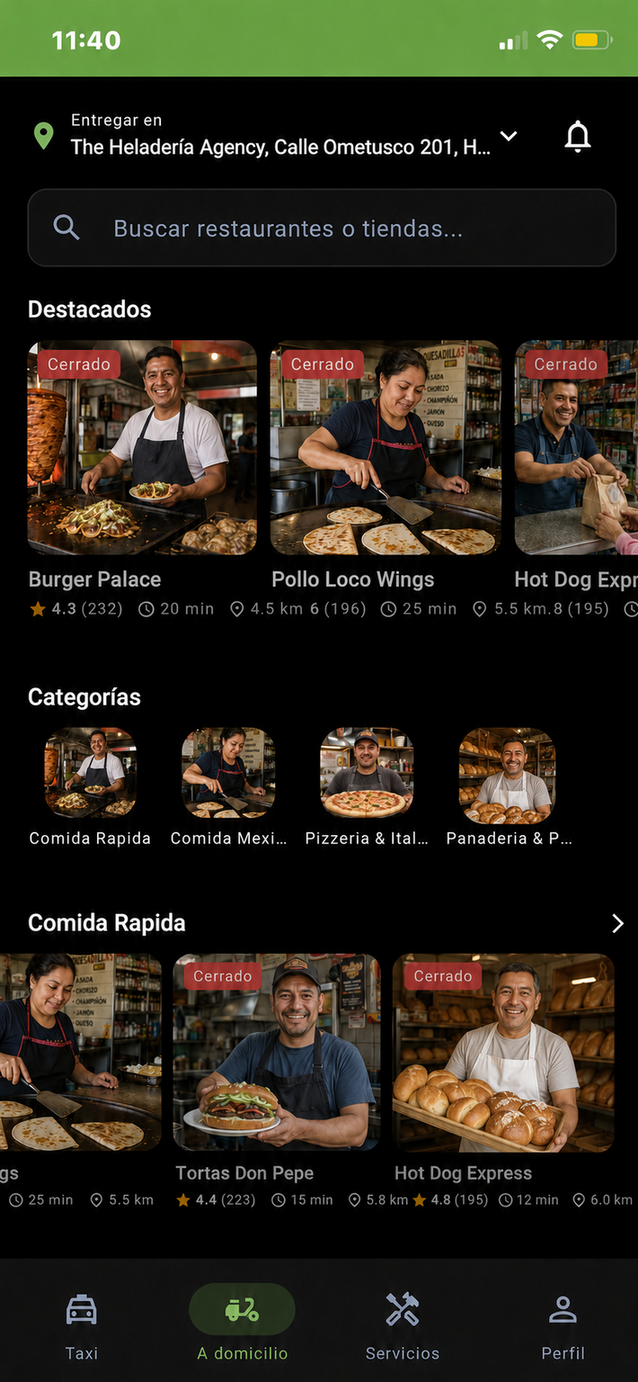 Pantalla de NODO mostrando negocios y comida de la colonia