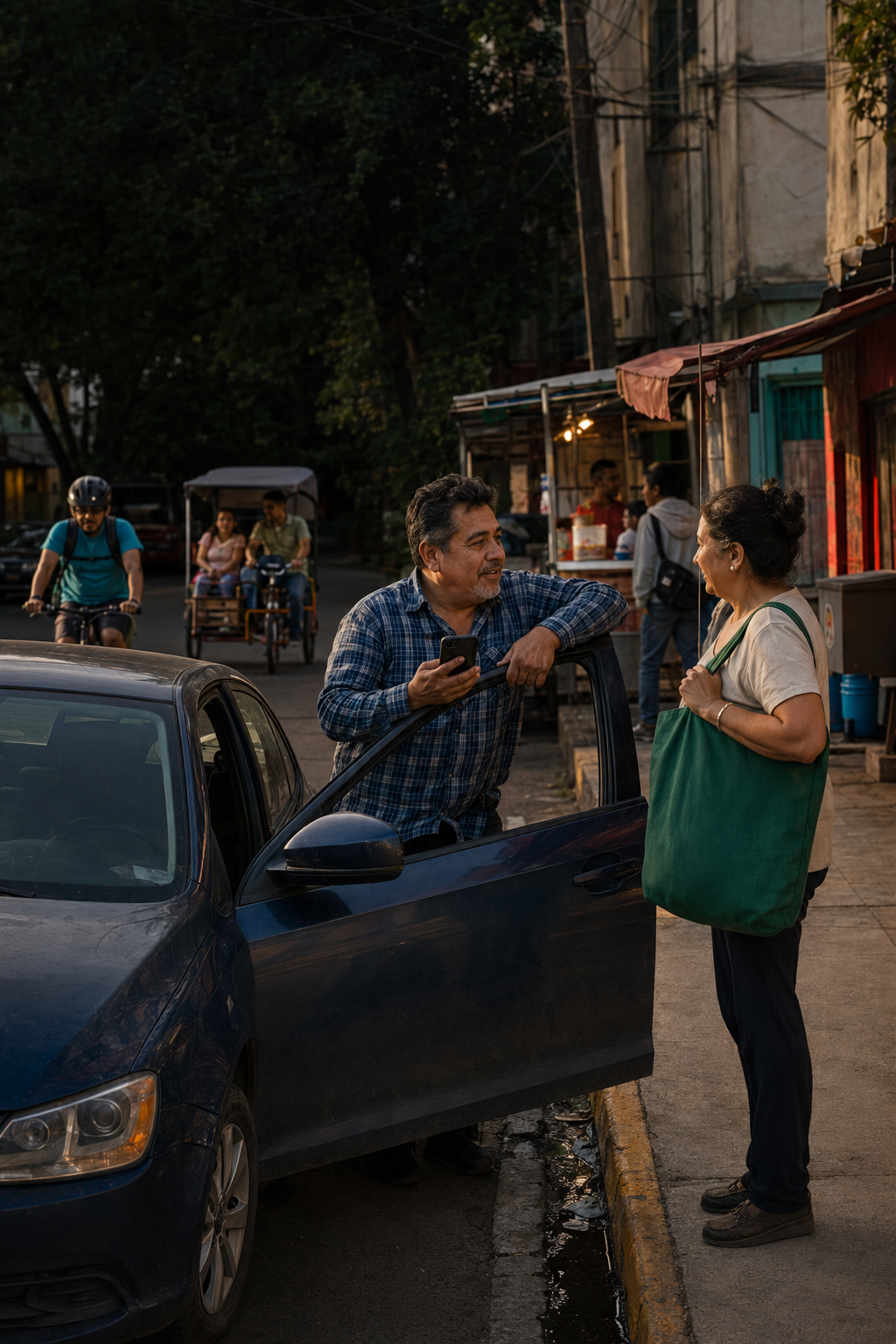 Escena de calle: conductor y vecina conversando, bicitaxi al fondo, puesto de barrio