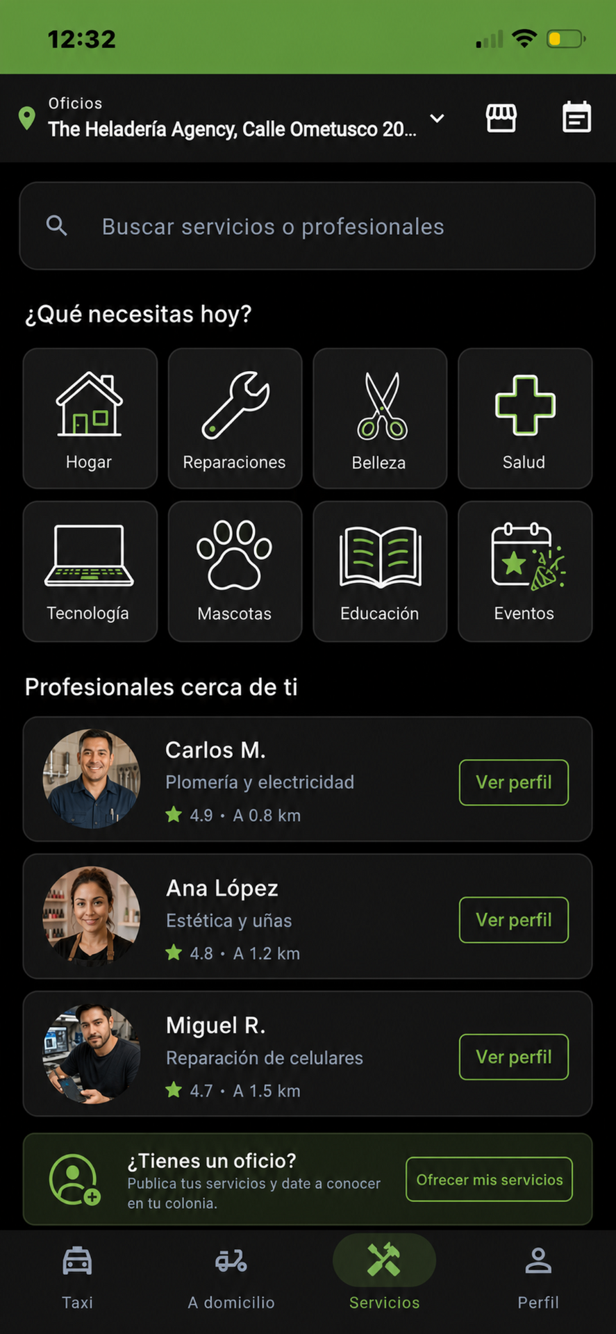 Pantalla de NODO mostrando oficios y servicios: Hogar, Reparaciones, Belleza, Salud, Tecnología, Mascotas, Educación y Eventos
