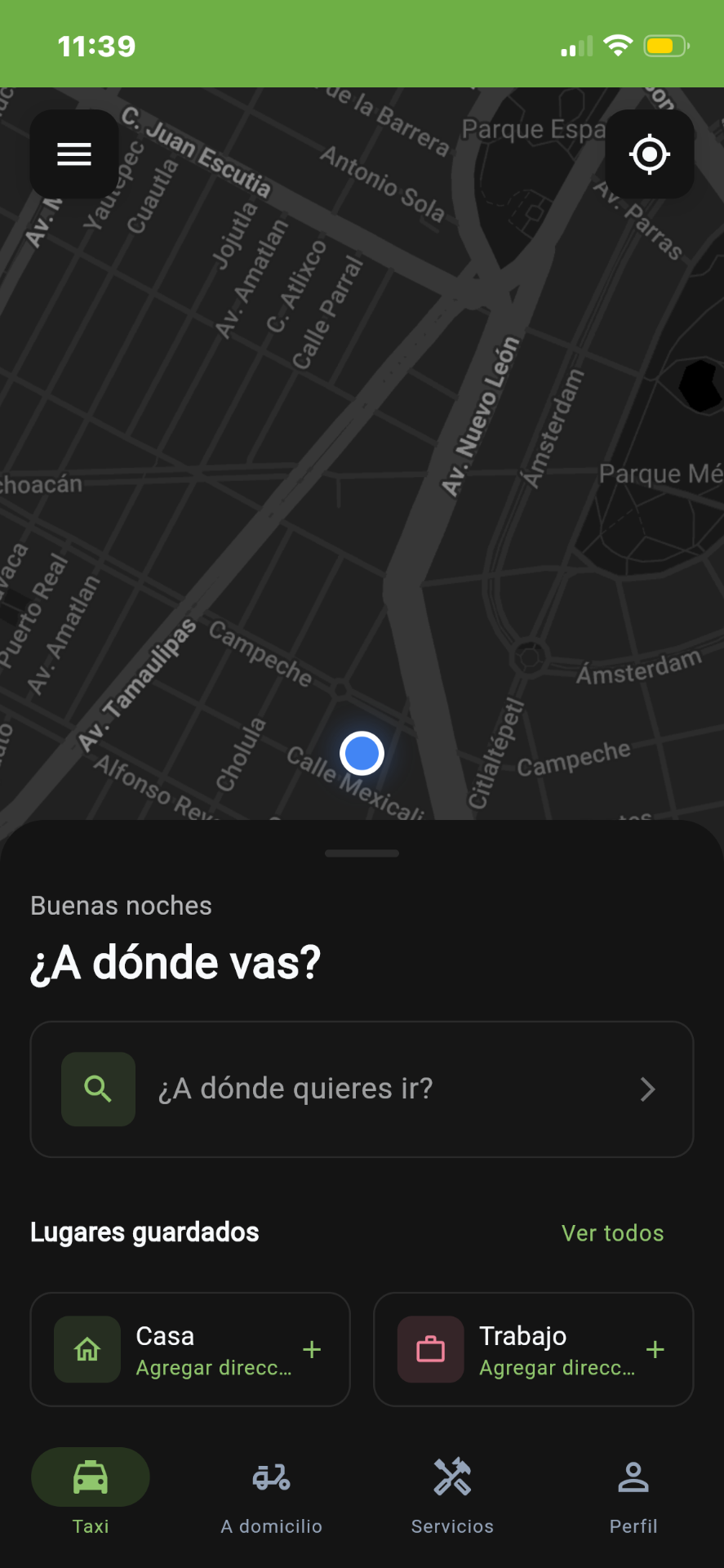 Pantalla de NODO mostrando el mapa para solicitar un transporte