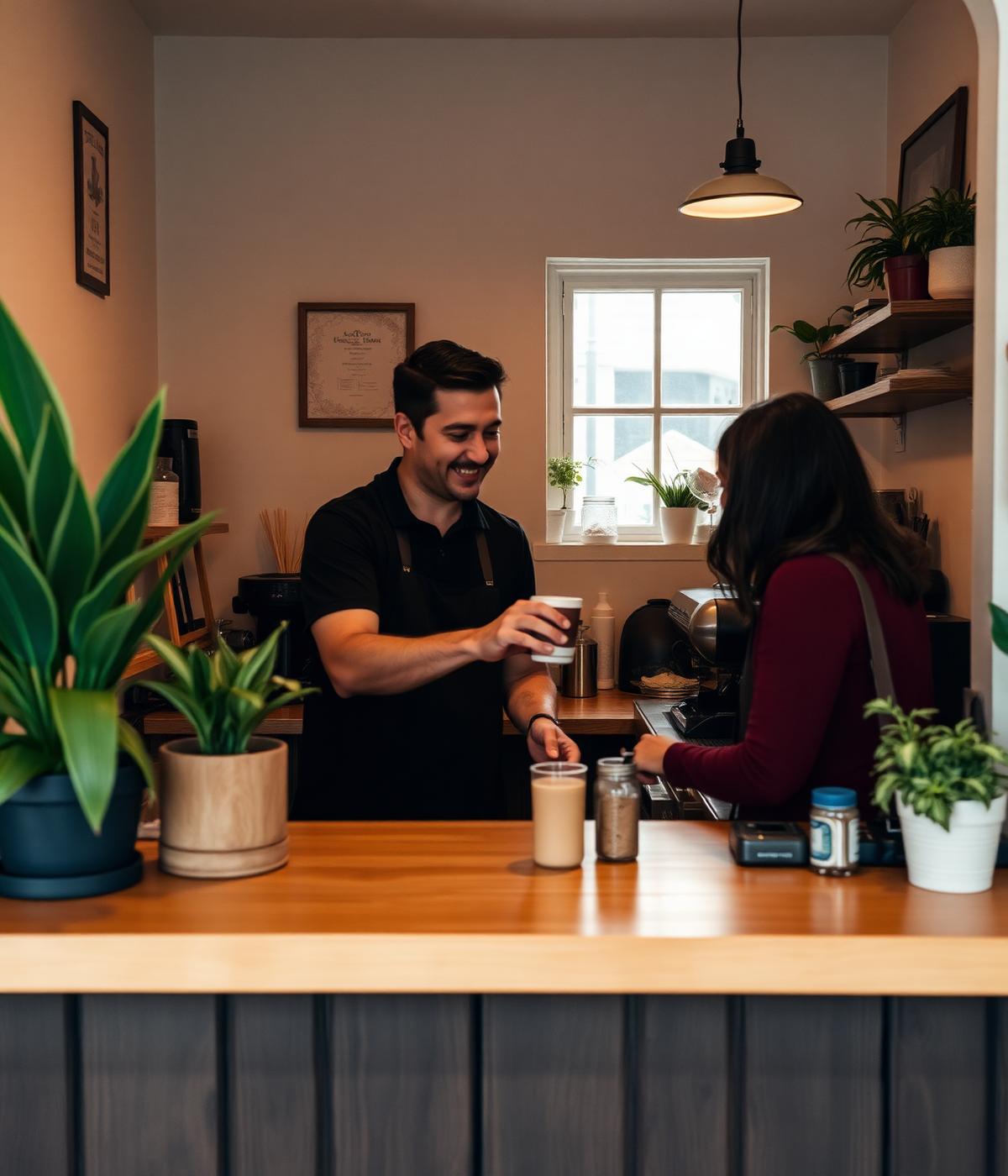 Dueña de cafetería atendiendo su negocio