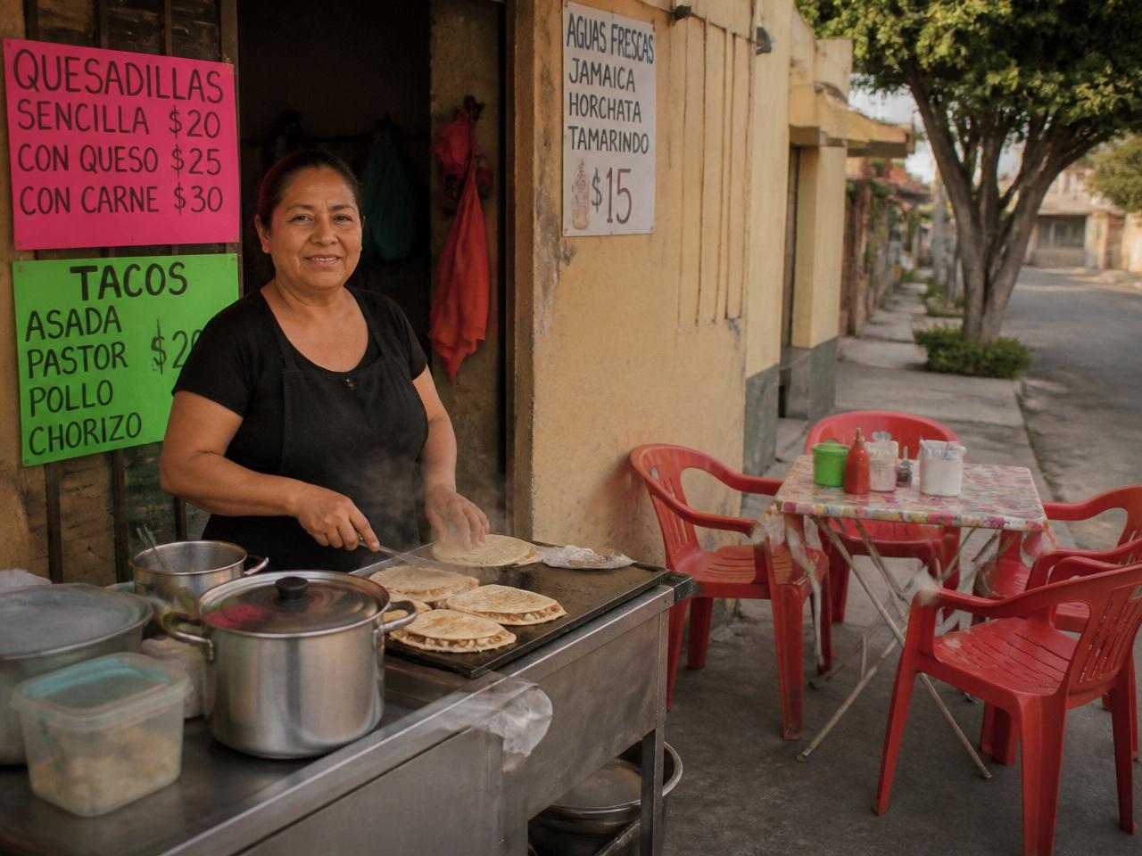 Dueña de una fondita preparando quesadillas en su puesto del barrio