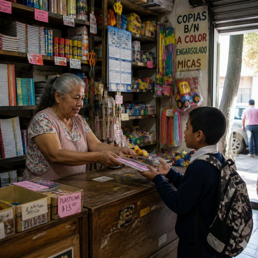 Doña Carmen atendiendo a un niño en su papelería