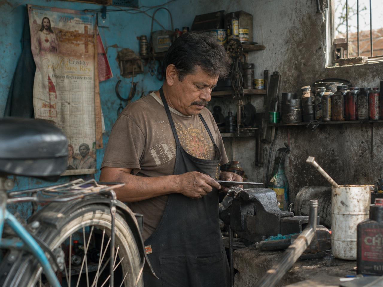 Maestro del oficio concentrado en su taller del barrio